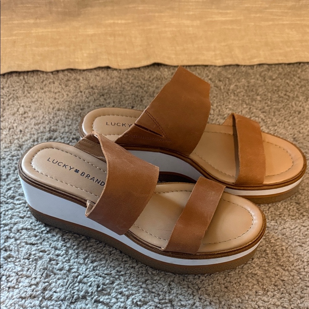 Lucky Brand Brown Double-Strap Platform Slide Sandals